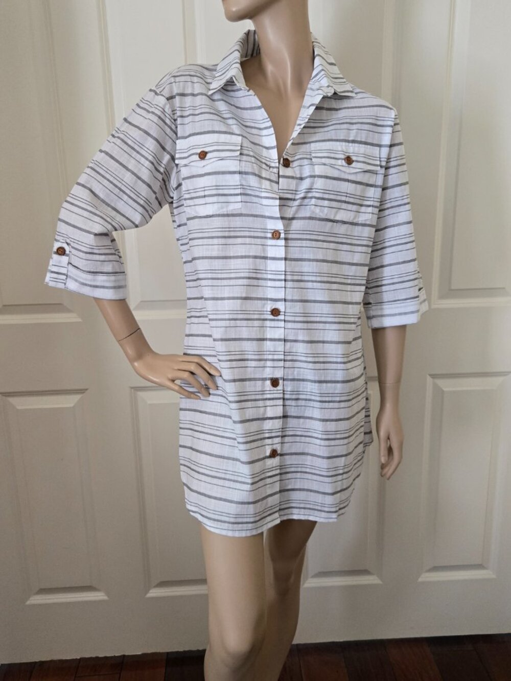 Dotti Shirt Dress Swim Cover Up SZ L Gray & White Stripe